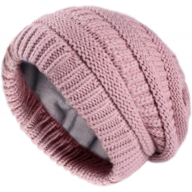 Skullies & Beanies Winter Beanie Hats for Women Cable Knit Fleece Lining Warm Hats Slouchy Thick Skull Cap - Pure Pink - CF18...