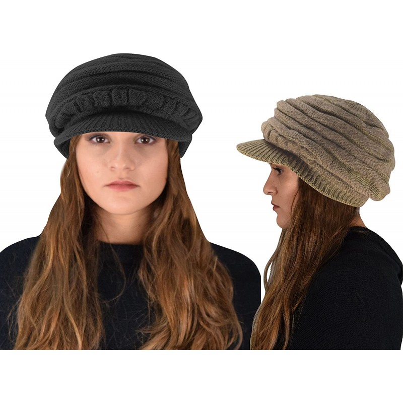 Visors Winter Warm Double Layer Crochet Knit Hat Beanie Slouchy with Visor - Brown Black - CA12NDAASOL $34.10