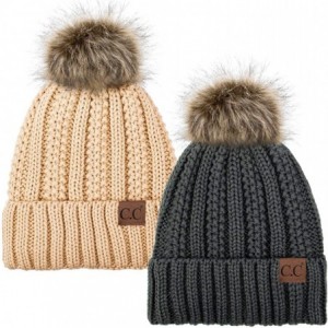 Skullies & Beanies Thick Cable Knit Hat Faux Fur Pom Fleece Lined Cap Cuff Beanie 2 Pack - Dk Melange/New Beige - C51924Z0MIK...