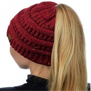 Skullies & Beanies Women Warm Baggy High Bun Ponytail Crochet Knit Artificial Wool Winter Ski Beanie Skull Caps Hat - Wine Re...