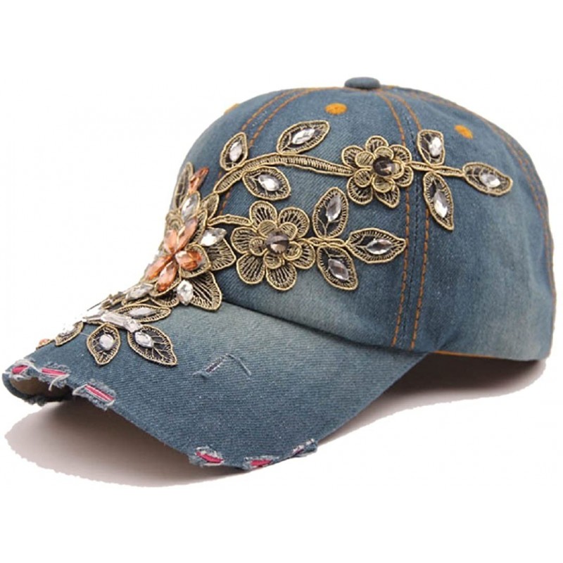 Baseball Caps Ladies Denim Jean Campagne Bling Flower Pattern Adjstable Baseball Cap - D - CU12M2DGA4N $10.94