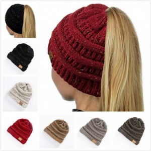 Skullies & Beanies Women Warm Baggy High Bun Ponytail Crochet Knit Artificial Wool Winter Ski Beanie Skull Caps Hat - Wine Re...