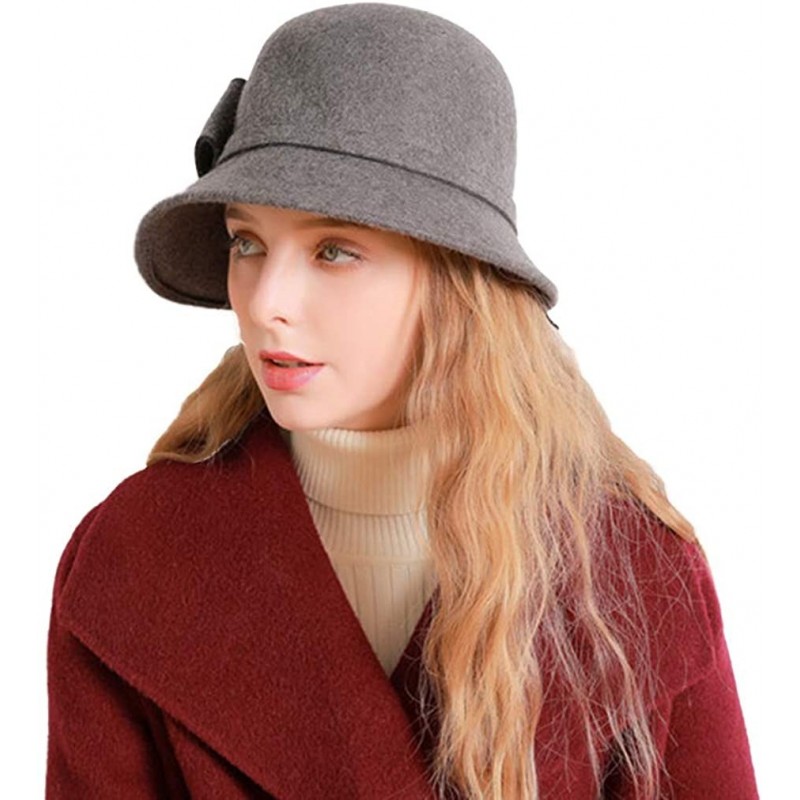 Bucket Hats 100% Wool Felt Cloche Bucket Bowler Hat Wedding Hats Winter Women Church Hats - Grey12 - CC18MCLG2HH $25.12