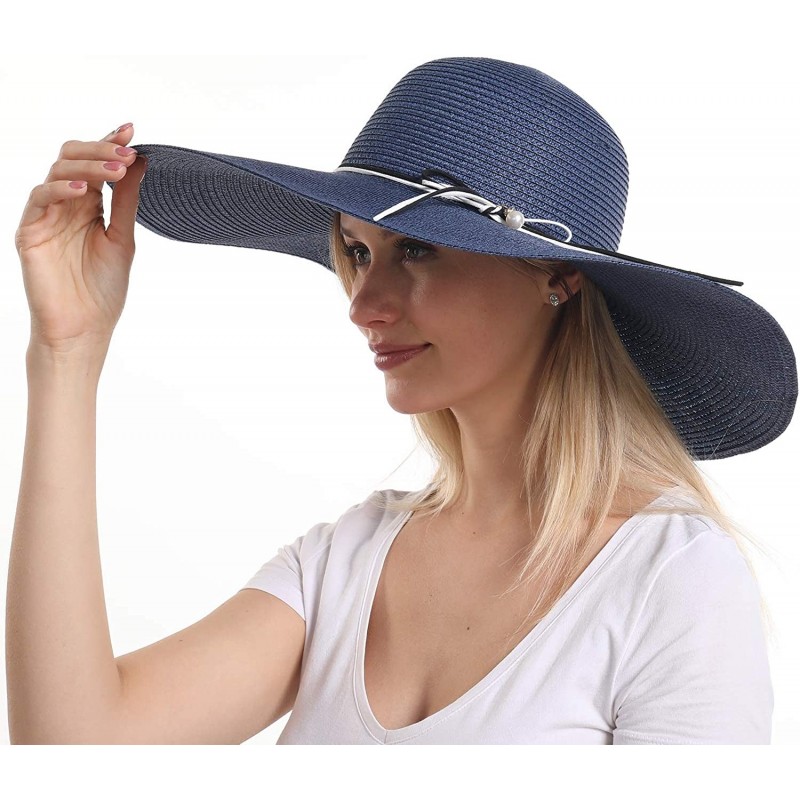 Sun Hats Womens Beach Sun Straw Hat- Floppy Beach hat & Wide Brim Braided Sun Hat - UPF 50+ Maximum Sun Protection - Navy - C...