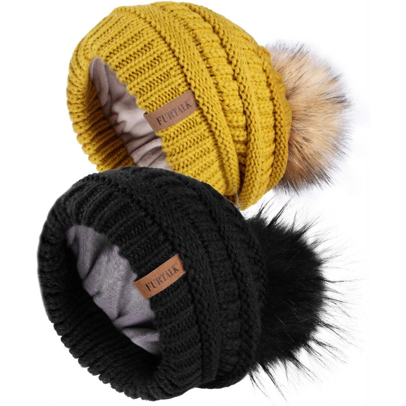 Skullies & Beanies Winter Slouchy Beanie Hats Women Fleece Lined Warm Ski Knitted Pom Pom Hat - 39-black Mustard Yellow - C81...