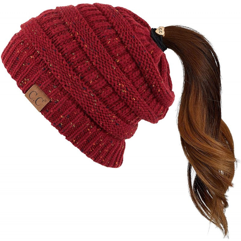 Skullies & Beanies Ribbed Confetti Knit Beanie Tail Hat for Adult Bundle Hair Tie (MB-33) - Burgundy - CI189C7YWGZ $13.22