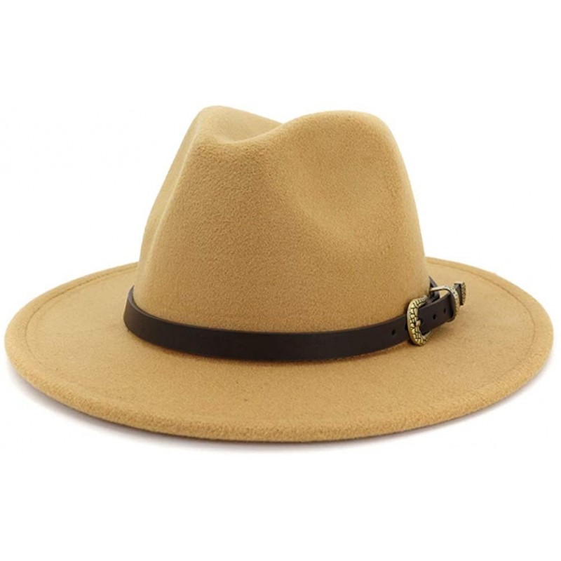 Fedoras Men & Women Wide Brim Felt Fedora Hat with Belt - A-camel - CT18ZKSHOEY $10.91