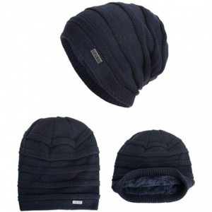 Skullies & Beanies Men Winter Skull Cap Beanie Large Knit Hat with Thick Fleece Lined Daily - I - Navy Blue - C218ZD6ZTX5 $12.52