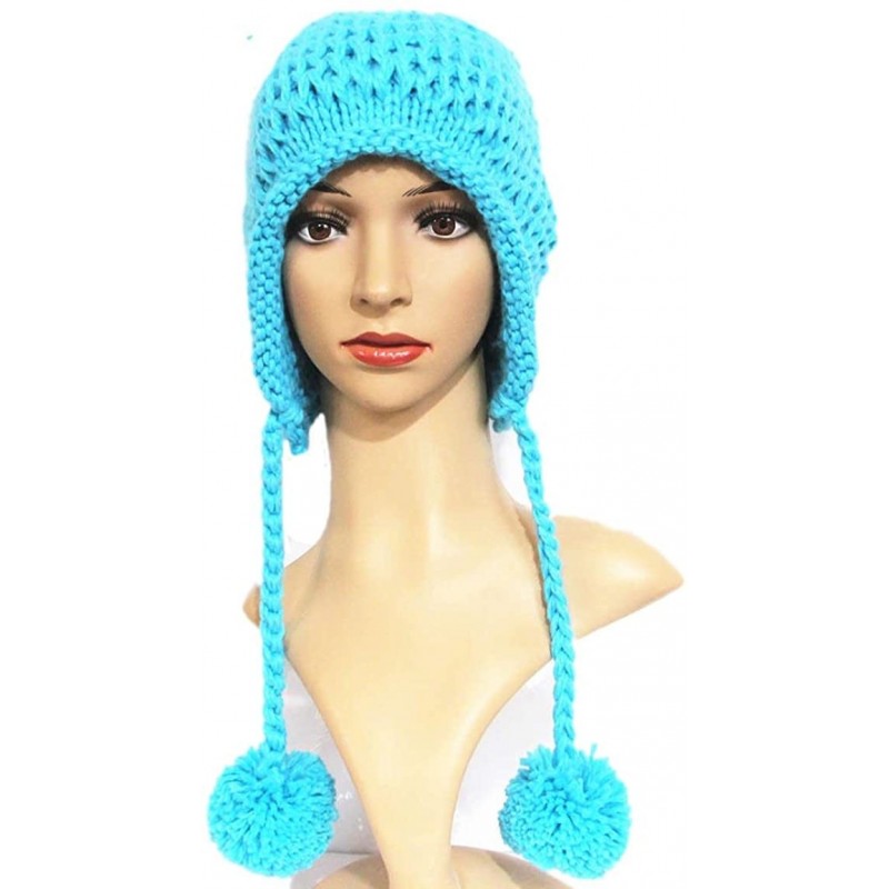 Skullies & Beanies Women Hat Handmade Crochet Braided Pompom Beanie Knit Caps Warm Winter - Sky Blue - CB189WR0DZN $12.76