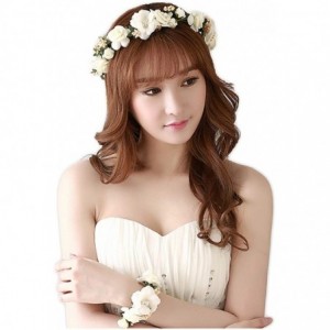 Headbands Flower Crown Headband Garland Wrist Band Wedding Party Hair Wreath Women Girl - White - CG18QU8D59U $9.11