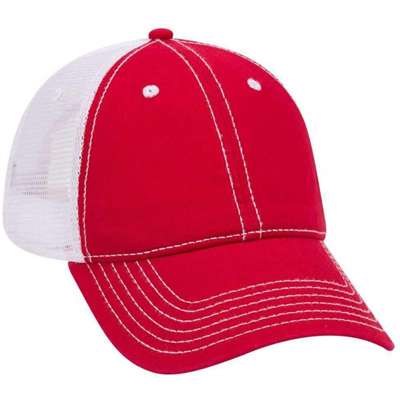 Baseball Caps Garment Washed Cotton Twill 6 Panel Low Profile Mesh Back Trucker Hat - Red/Red/Wht - CD180D4OQMQ $12.54