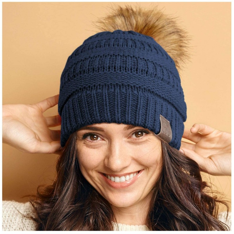 Skullies & Beanies Women Hat Faux Fur Pom Pom Winter Wool Beanie Thick Knit Snow Ski Cable Cap - Navy - CJ18L7UTT75 $10.84