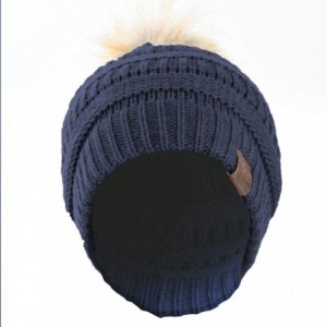 Skullies & Beanies Women Hat Faux Fur Pom Pom Winter Wool Beanie Thick Knit Snow Ski Cable Cap - Navy - CJ18L7UTT75 $10.84