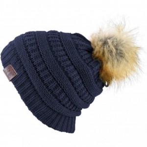 Skullies & Beanies Women Hat Faux Fur Pom Pom Winter Wool Beanie Thick Knit Snow Ski Cable Cap - Navy - CJ18L7UTT75 $10.84