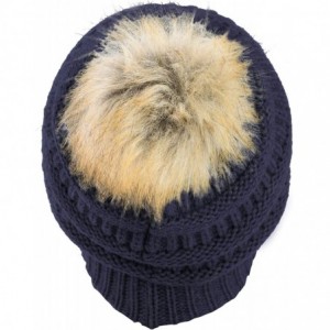Skullies & Beanies Women Hat Faux Fur Pom Pom Winter Wool Beanie Thick Knit Snow Ski Cable Cap - Navy - CJ18L7UTT75 $10.84