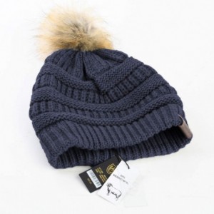 Skullies & Beanies Women Hat Faux Fur Pom Pom Winter Wool Beanie Thick Knit Snow Ski Cable Cap - Navy - CJ18L7UTT75 $10.84