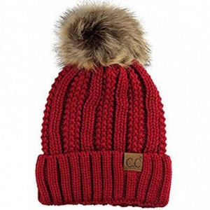 Skullies & Beanies Quality Women's Faux Fur Pom Fuzzy Fleece Lined Slouchy Skull Thick Cable Beanie hat - Red - CJ187US6U89 $...