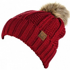 Skullies & Beanies Quality Women's Faux Fur Pom Fuzzy Fleece Lined Slouchy Skull Thick Cable Beanie hat - Red - CJ187US6U89 $...