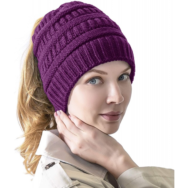 Skullies & Beanies Women's Knitted Messy Bun Hat Ponytail Beanie Baggy Chunky Stretch Slouchy Winter - Purple - CR18YTMAO83 $...