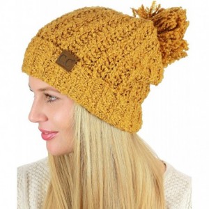 Skullies & Beanies Women's Chenille Soft Stretchy Pom Cuffed Knit Beanie Cap Hat - Mustard - C818IQIM7CG $12.21