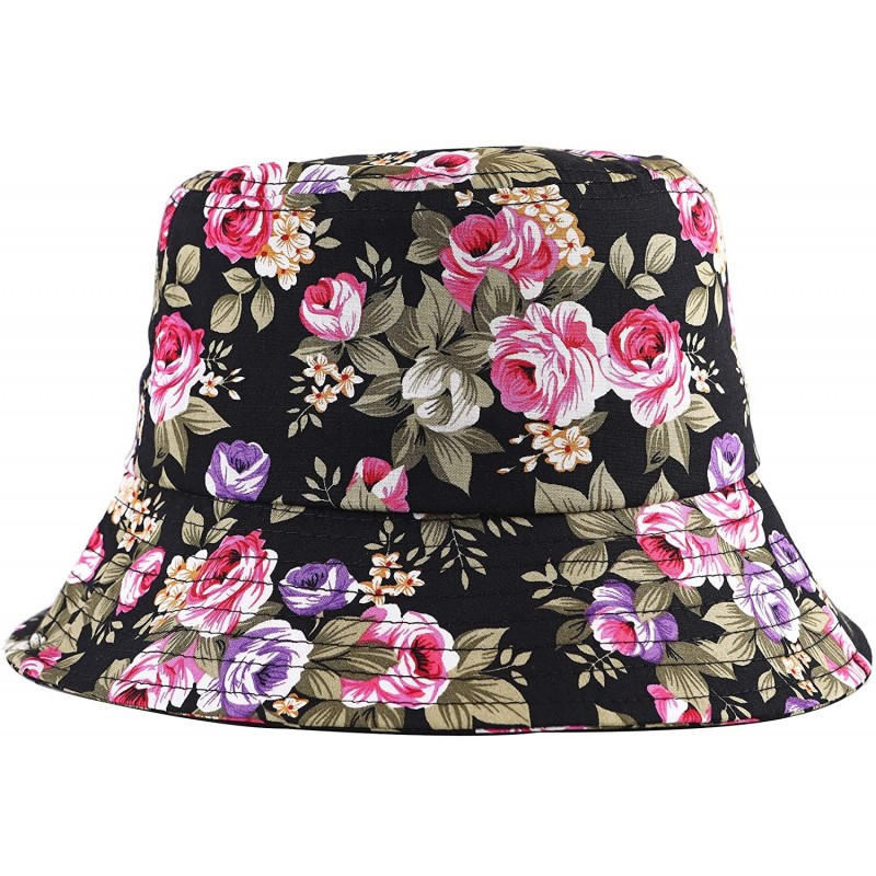 Bucket Hats Fashion Print Bucket Hat Summer Fisherman Cap for Women Men - Flowers Black - CF18SO2OR7A $13.67