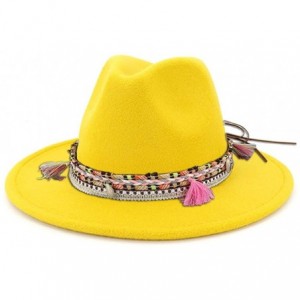 Fedoras Women's Felt Fedora Hat Wide Brim Panama Hats with Tassel - Yellow - CI196AUOL50 $27.10