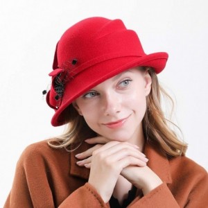 Fedoras Women's Floral Trimmed Wool Blend Cloche Winter Hat - Model C - Red - CN192MXZT7G $39.52