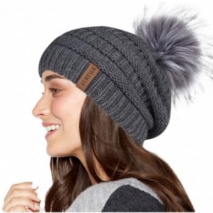 Skullies & Beanies Womens Winter Knit Slouchy Beanie Hat Skull Ski Cap Warm Faux Fur Pom Pom Beanies Hats for Women 2 Packs -...