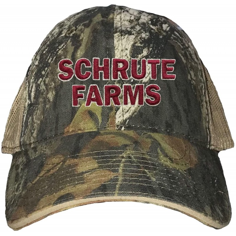 Baseball Caps Adult Schrute Farms Embroidered Distressed Trucker Cap - Mossy Oak Breakup/ Khaki - CC18C7E9XDA $25.12