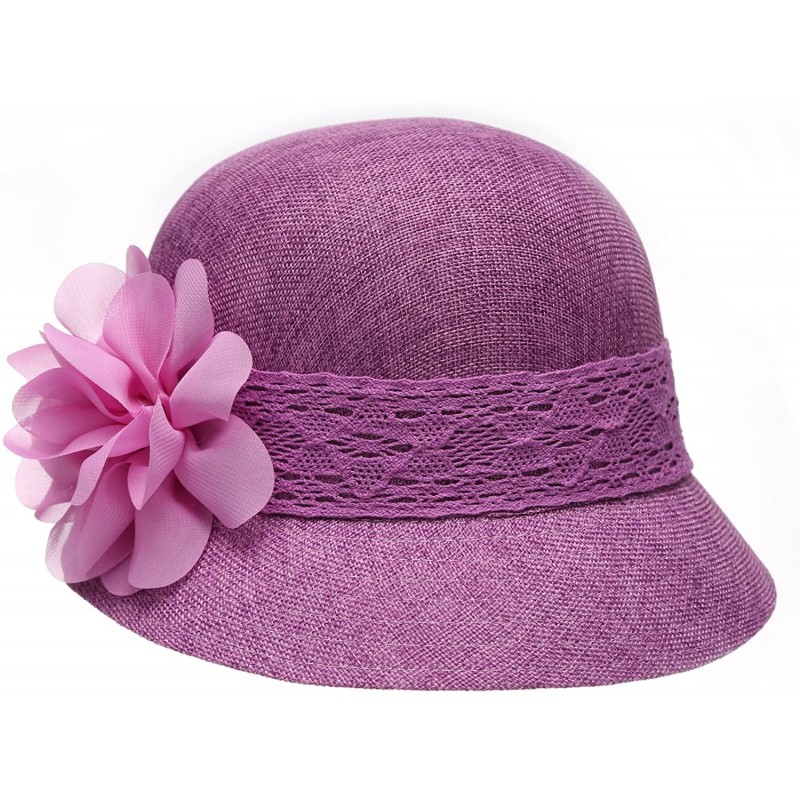 Sun Hats Women's Gatsby Linen Cloche Hat With Lace Band and Flower - Purple - CS12ER399JZ $11.37