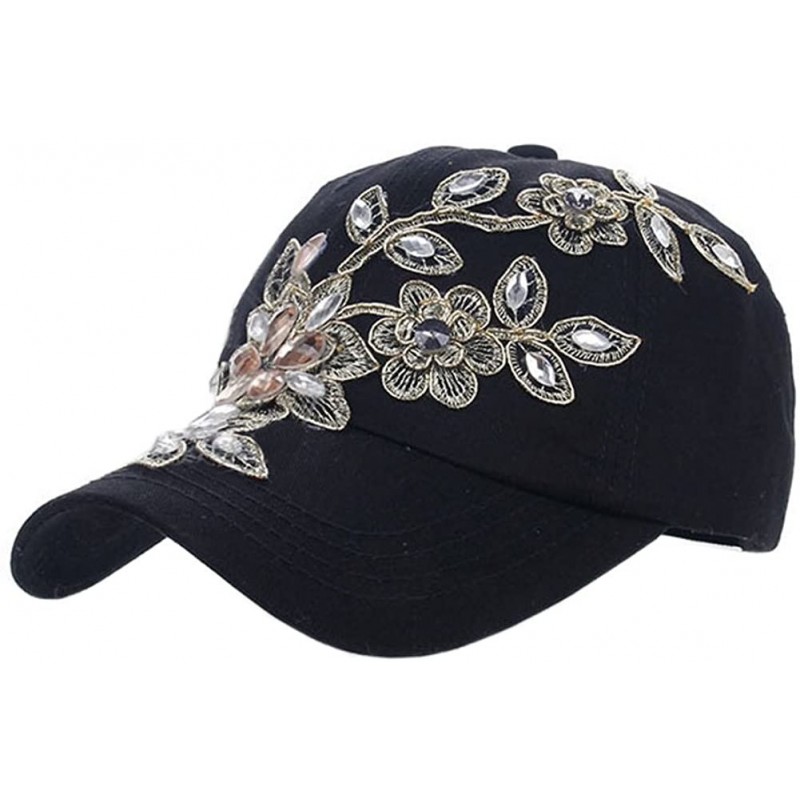 Baseball Caps Ladies Denim Jean Campagne Bling Flower Pattern Adjstable Baseball Cap - Black - C811PEQ4RVZ $16.44