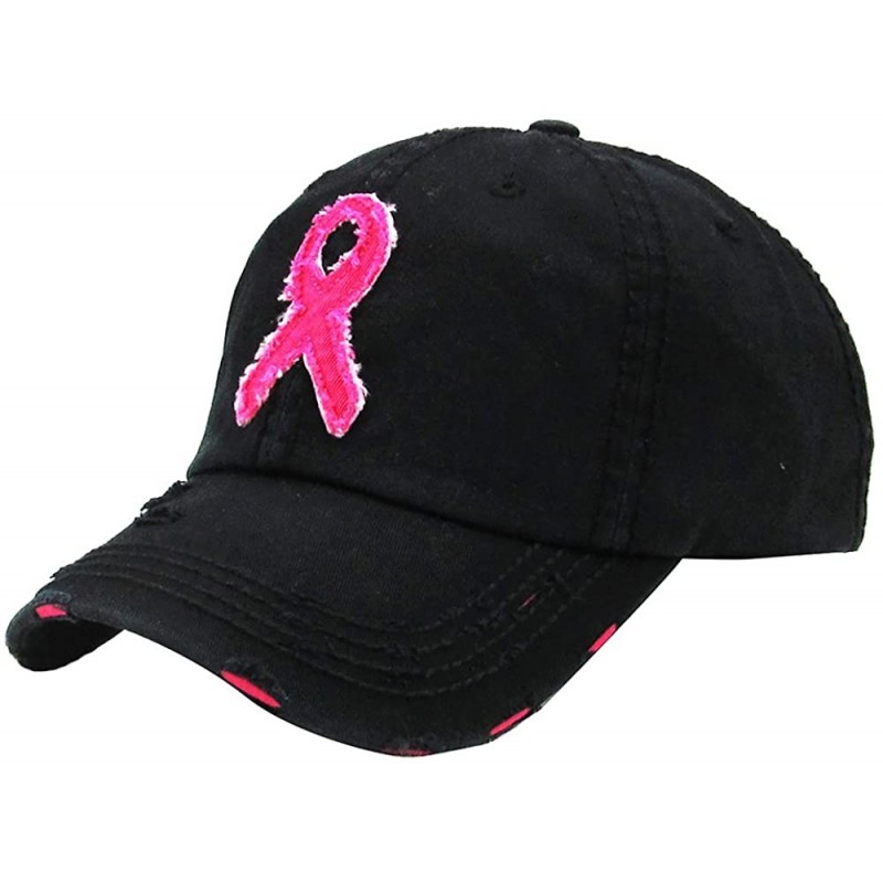 Baseball Caps Women's Breast Cancer Awareness Pink Ribbon Logo Hope Shredded Baseball Hat Cap - Black - CZ18N04T3C0 $15.91