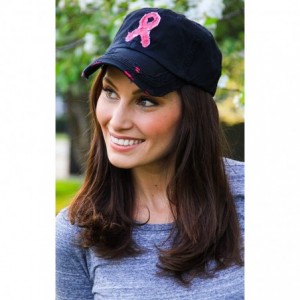 Baseball Caps Women's Breast Cancer Awareness Pink Ribbon Logo Hope Shredded Baseball Hat Cap - Black - CZ18N04T3C0 $15.91