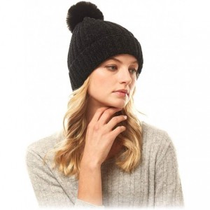 Skullies & Beanies Me Plus Women Fashion Fall Winter Soft Cable Knitted Faux Fur Pom Pom Beanie Hat - Solid Chenille - Black ...