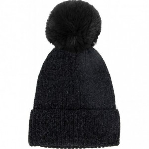 Skullies & Beanies Me Plus Women Fashion Fall Winter Soft Cable Knitted Faux Fur Pom Pom Beanie Hat - Solid Chenille - Black ...