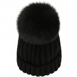 Skullies & Beanies Women Winter Kintted Beanie Hats with Real Fox Fur Pom Pom - Black - CT12NRE5IUH $14.62