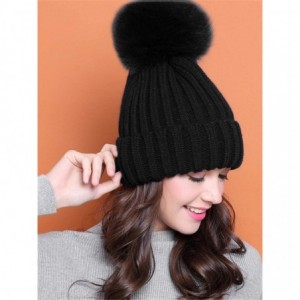 Skullies & Beanies Women Winter Kintted Beanie Hats with Real Fox Fur Pom Pom - Black - CT12NRE5IUH $14.62