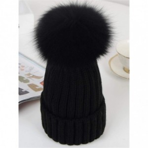 Skullies & Beanies Women Winter Kintted Beanie Hats with Real Fox Fur Pom Pom - Black - CT12NRE5IUH $14.62