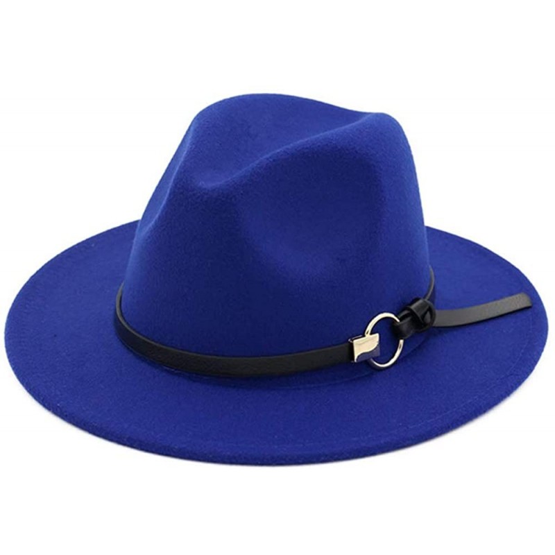 Fedoras Dantiya Men & Women Vintage Wide Brim Felt Fedora Hat Wide Brim Panama Hats with Belt Metal Buckle - Blue - CH18YE2M4...