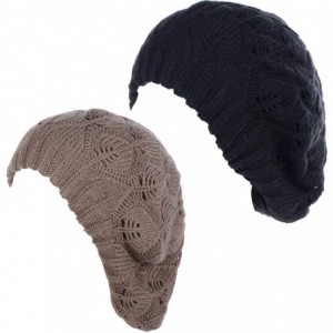 Berets Winter Chic Warm Double Layer Leafy Cutout Crochet Chunky Knit Slouchy Beret Beanie Hat Solid - CH18X4M4D5H $38.98