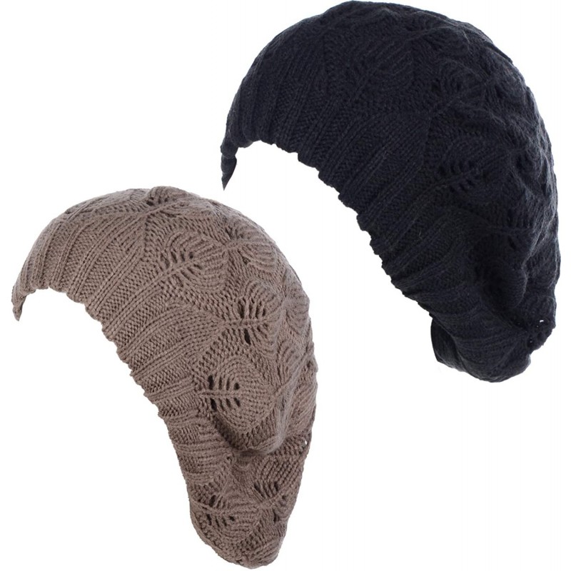 Berets Winter Chic Warm Double Layer Leafy Cutout Crochet Chunky Knit Slouchy Beret Beanie Hat Solid - CH18X4M4D5H $18.16