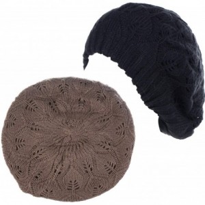 Berets Winter Chic Warm Double Layer Leafy Cutout Crochet Chunky Knit Slouchy Beret Beanie Hat Solid - CH18X4M4D5H $18.16
