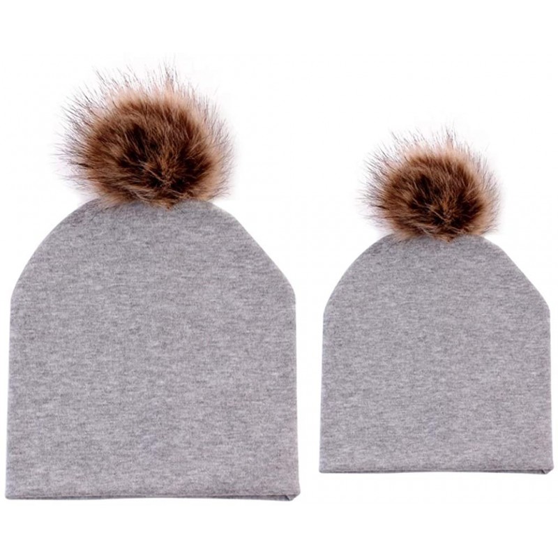 Skullies & Beanies 2PCS Mother-Baby Knit Warm Hat Winter Parent-Child Hat Crochet Beanie Ski Cap Faux Fur Pom Pom - Gray 2 - ...
