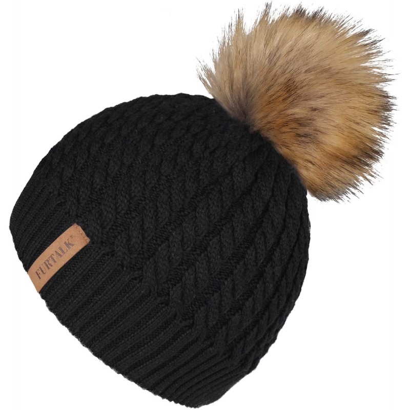 Sun Hats Winter Beanie for Women Warm Knit Bobble Skull Cap Big Fur Pom Pom Hats for Women - 02- Black With Raccoon Pom - CD1...