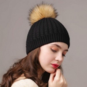 Sun Hats Winter Beanie for Women Warm Knit Bobble Skull Cap Big Fur Pom Pom Hats for Women - 02- Black With Raccoon Pom - CD1...