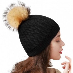 Sun Hats Winter Beanie for Women Warm Knit Bobble Skull Cap Big Fur Pom Pom Hats for Women - 02- Black With Raccoon Pom - CD1...