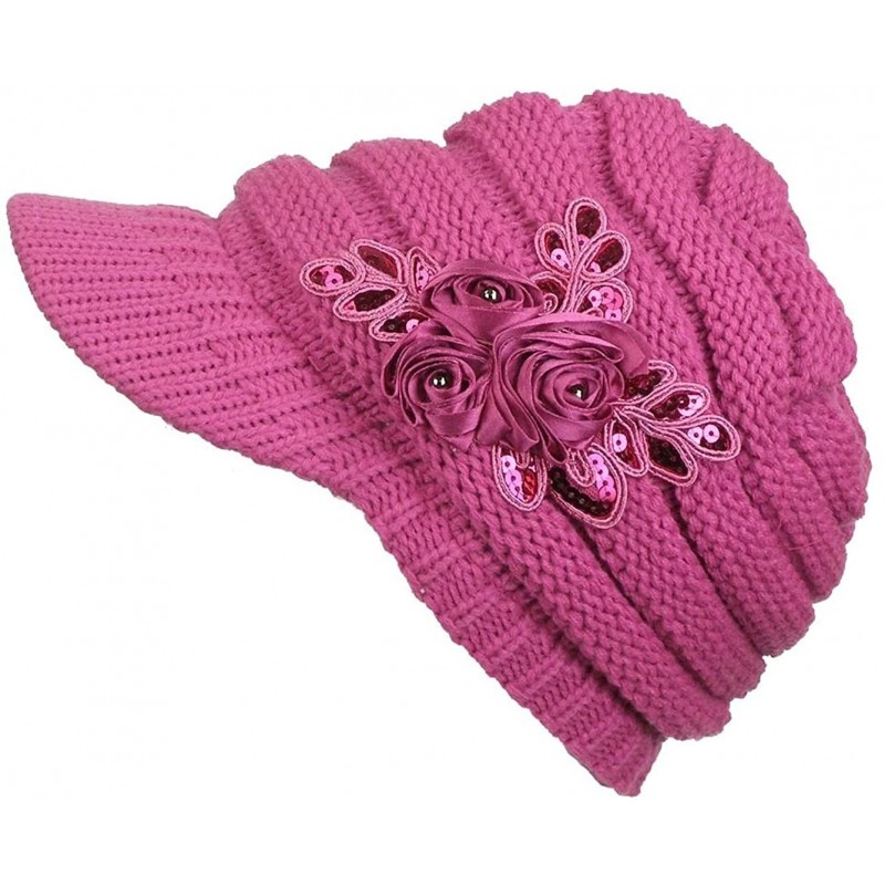 Skullies & Beanies Women's Knit Newsboy Hat with Satin Flower - Fuchsia - CQ120240OAF $12.58