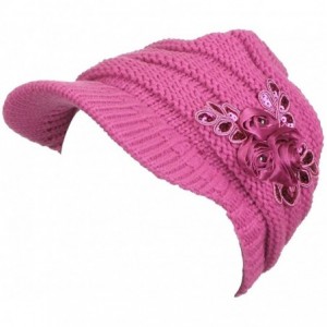 Skullies & Beanies Women's Knit Newsboy Hat with Satin Flower - Fuchsia - CQ120240OAF $12.58