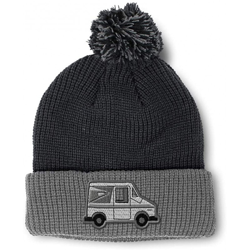 Skullies & Beanies Custom Pom Pom Beanie Mailman Truck Postal A Embroidery Acrylic - Black Grey - CC18A0EZDDT $11.68