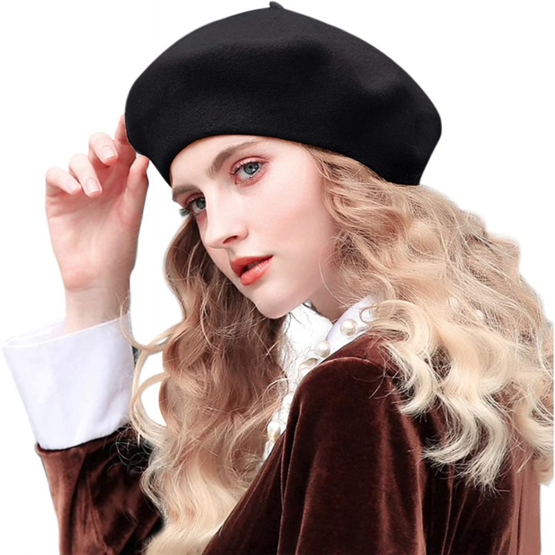 Berets French Beret-Lightweight Casual Classic Wool Beret Solid Color Womens Beret Cap Hat - Black - C118AOS9K9Z $10.67